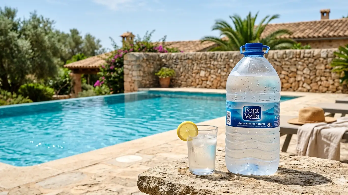 Fresh Drinking Water In Large Bottles Next To A Mallorca Villa Pool.